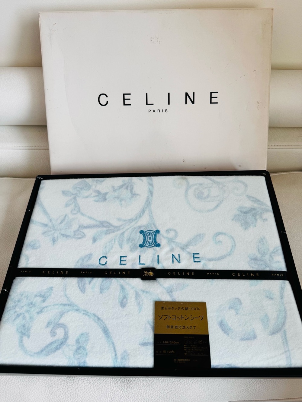 CELINE Light Blue Floral Soft Blue Blanket with Triomphe vintage in the box
